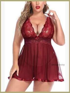Plus Size Lace Babydoll Chemise with Mesh and Satin Trim